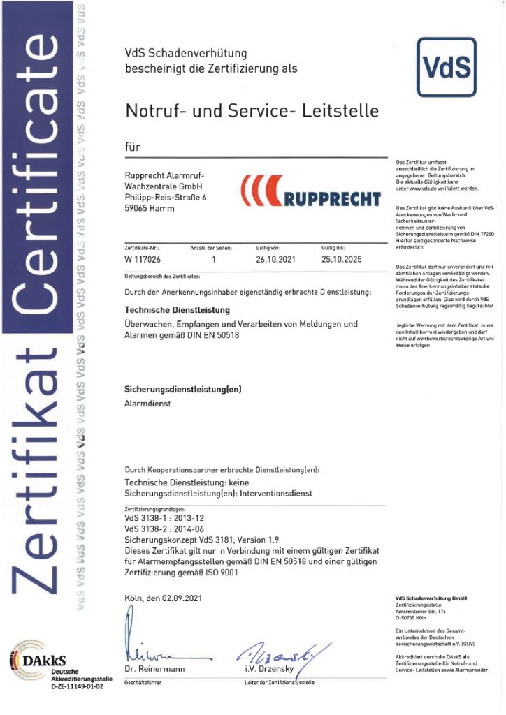 Zertifikat VdS Notruf- und Service- Leitstelle - Rupprecht Alarmruf-Wachzentrale GmbH, Philipp-Reis-Straße 6, 59065 Hamm, Telefon 02381 - 67 50 55