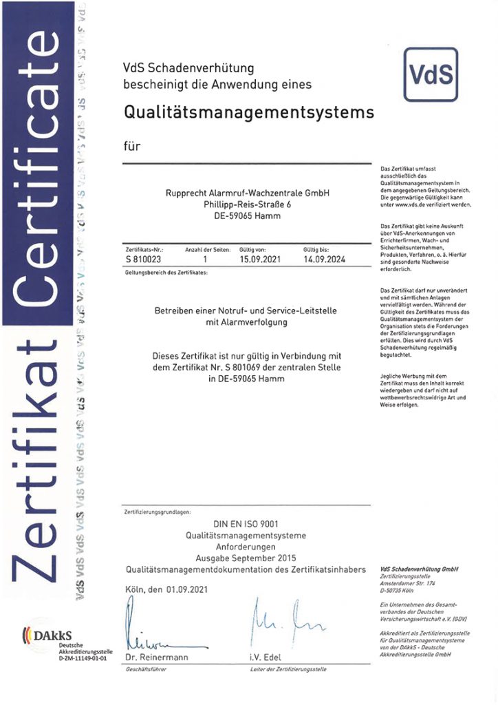 Zertifikat VdS Qualitätsmanagementsystems - Rupprecht Alarmruf-Wachzentrale GmbH, Philipp-Reis-Straße 6, 59065 Hamm, Telefon 02381 - 67 50 55