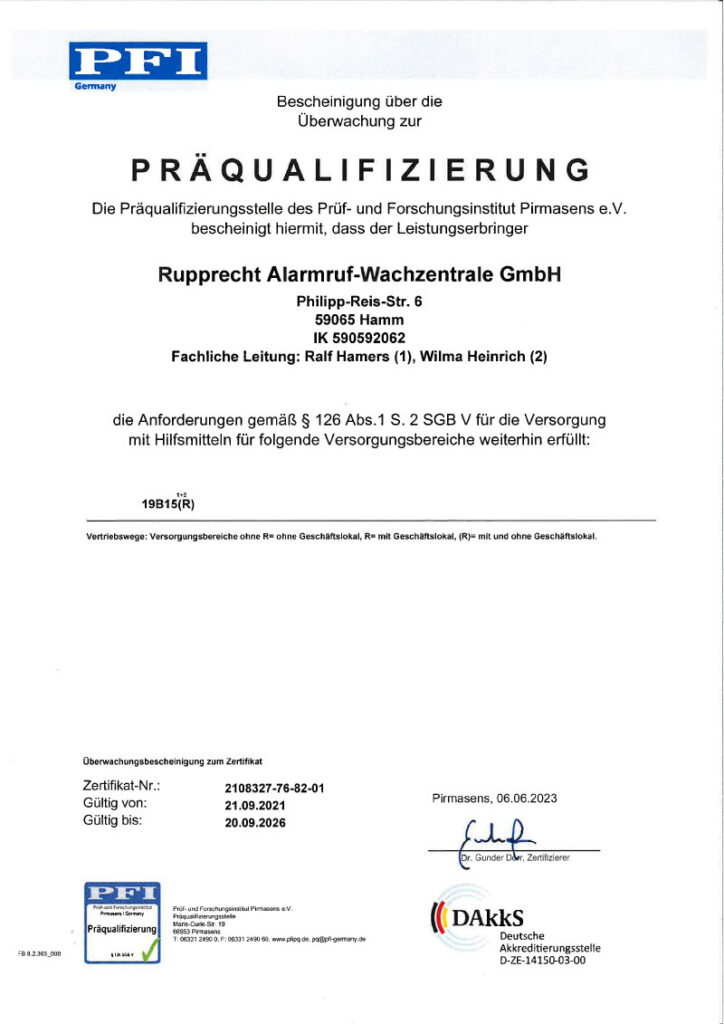 Zertifikat PFI - Rupprecht Alarmruf-Wachzentrale GmbH, Philipp-Reis-Straße 6, 59065 Hamm, Telefon 02381 - 67 50 55